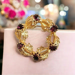 Vintage Gold Tone Wreath Purple Crystal Amethyst Brooch Pin 1.25" Excellent