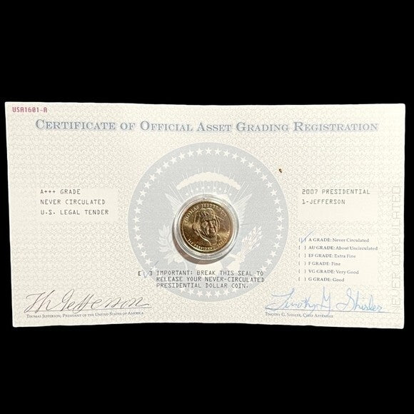 2007 JEFFERSON Presidential $1 Coin GoldPlated Uncirculated Collectible Coin NIB