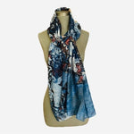 Floral Paisley Scarf 70"x28" Navy Blue Flower Print Shawl 100% Polyester EXC