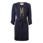 MICHAEL KORS Womens Dress M Navy Blue Midi Gold Chain Lace Up Belted Flowy NWOT