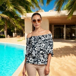 LOFT Navy Blue Floral Off Shoulder Blouse Sz M Bell Sleeve Ruffle Top 100% Rayon