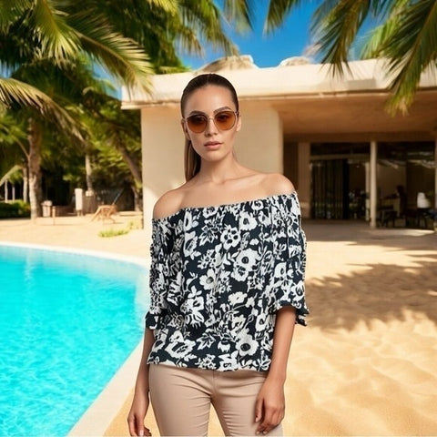 LOFT Navy Blue Floral Off Shoulder Blouse Sz M Bell Sleeve Ruffle Top 100% Rayon