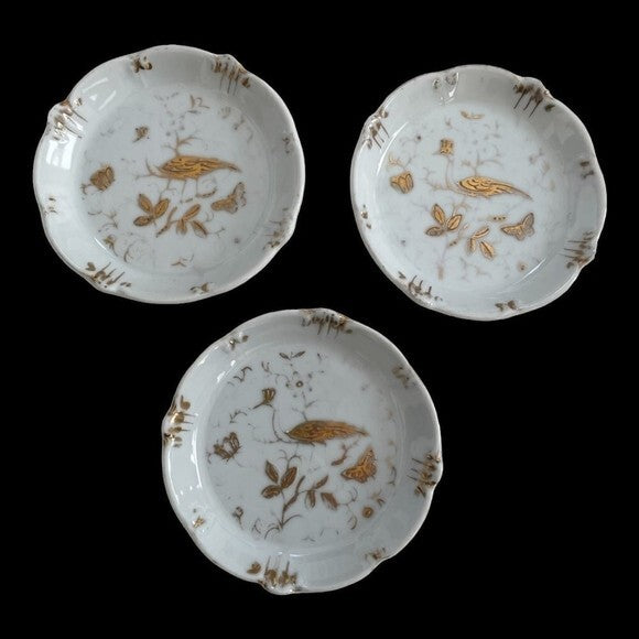 Vintage Ardalt Japan Peacock Butterfly Nut Dishes Coasters Set 3 Gold Ceramic VG