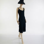Vintage LAPIS Women Gown M Black V Neck Ruffle Sheer Ball Gown Tie Shoulder Midi