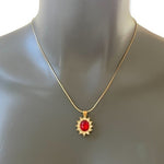 Vintage 14K Gold Plated Red White Crystal Oval Halo Pendant Necklace 18" NIB