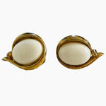 Vintage TRIFARI Oval Gold White Clip-On Earrings 1" Enamel Button Signed Good