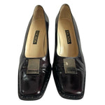 Vintage Escada Black/Brown Leather Pumps Metal Logo Stiletto Size 7B