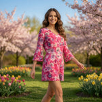 DALIA Womens Romper 6 Pink Floral Bell Sleeve V Neck Multicolor Pockets VG