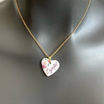 Vintage Ceramic White Heart Rose Crystal Pendant Necklace Gold Tone Choker VG