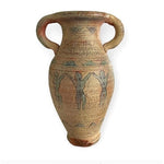 Vintage Terracotta Double Handle Jug Vessel People Etching Clay Pottery 11" Good