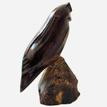 Handmade Wood Owl Statue 7" Brown Sitting Owl on Rock Carved Figurine Monument