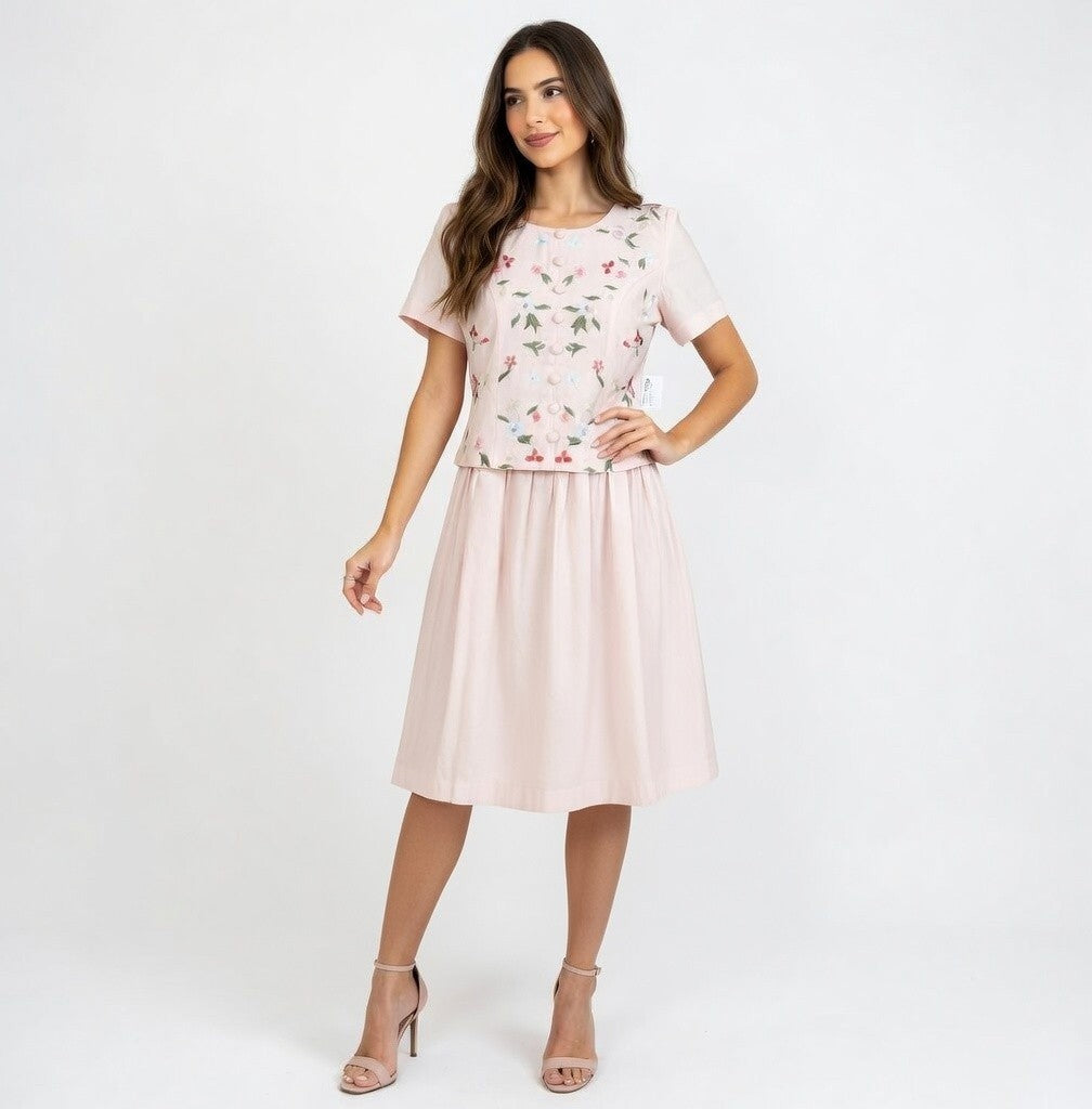 Karin Stevens Vintage 80s Pink Linen Floral Embroidered Midi Dress 4P NWT