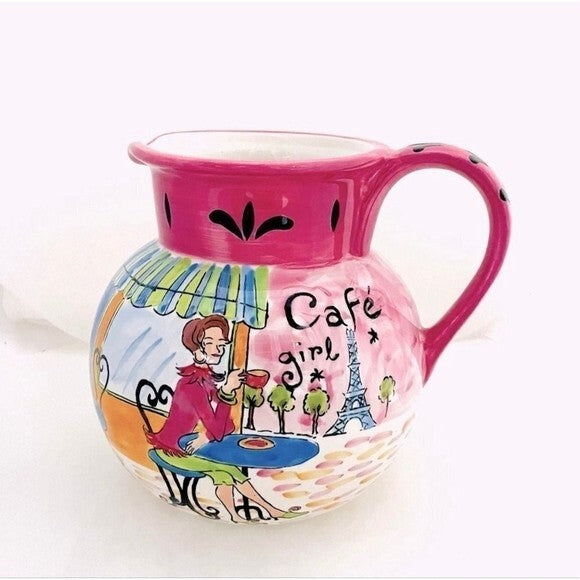 Certified International Cafe Girl Ceramic Pitcher Jennifer Brinley 8.5" NWOT
