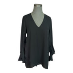 Karen Kane Women's Black Asymmetrical Crepe Blouse M V-Neck 3/4 Flutter Sleeve