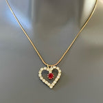 Vintage 14K Gold Plated Red White Crystal Heart Pendant Chain Necklace NIB