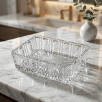 Vintage Pressed Glass Rectangular Trinket Dish Starburst Sawtooth Rim EXC