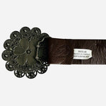 Women Brown Embossed Leatherette Belt Flower Rhinestone Metal Buckle 36" 2" Wide