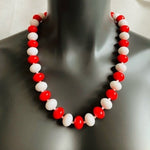 Red White Beaded Statement Necklace Single Strand 24" Womens Costume Jewelry