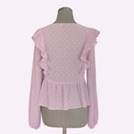 STRADIVARIUS Womens Top M Lilac Self Spot Ruffle Blouse Sheer V Neck Long Sleeve