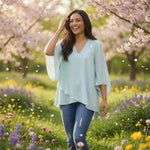 Karen Kane Women's Asymmetrical V-Neck Blouse M Fiji Teal Green Crepe NWT $98