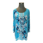 JM Collection Women's Blue Floral Jacquard Blouse XXL 3/4 Sleeve Scoop Neck VG