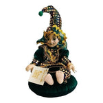 Porcelain Doll Mardi Gras 9" Jester Baby Clown Grand Casino Green Gold Vintage