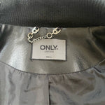 ONLY Limitless Bomber Jacket Size S Black Leather Unisex Zip Front Rib Knit VG