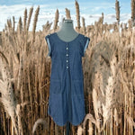 Gap Women's Denim Blue Shift Dress M 100% Cotton Roll Tab Sleeve Pockets VG
