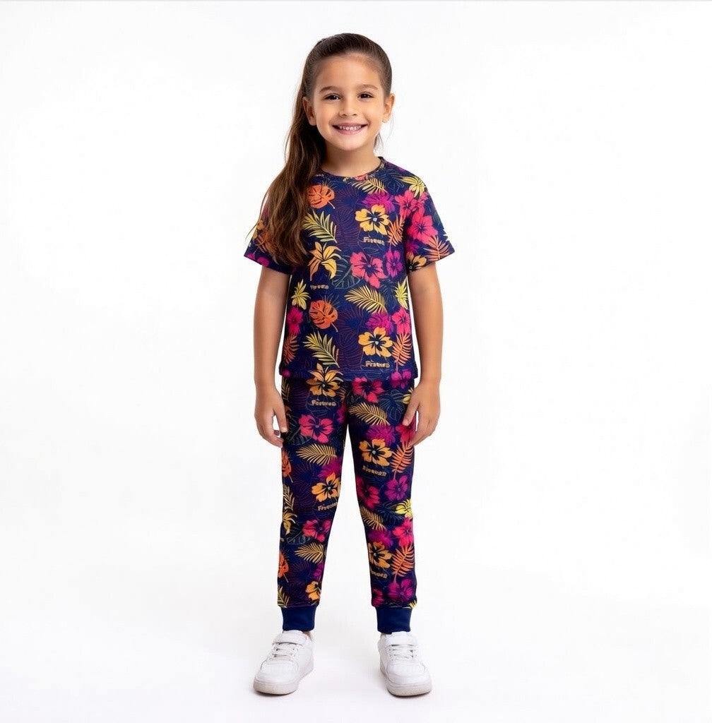 Funeea Kids Tropical Floral 2pc  Set Short Sleeve Top Jogger Pants Navy L NWOT