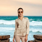 Elie Tahari Beige Floral Embroidered Leather Blazer Shirt Hybrid Womens Size S