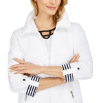 Karen Scott Sport Women's French Terry Blazer M White Navy Zip Front 3/4 Sleeve