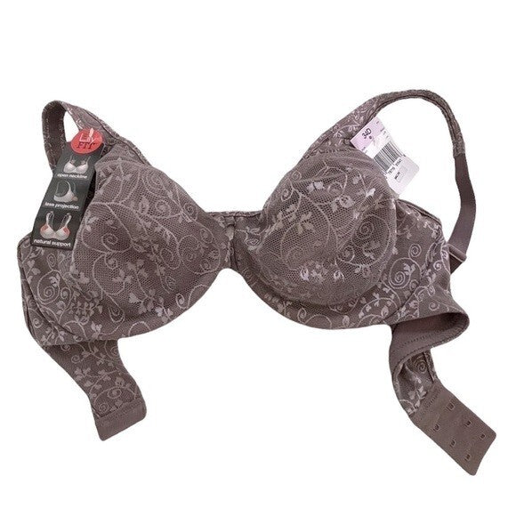 HANES The Lily Fit Mocha Lace Bra 34D Natural Support Comfortable Underwire NWT