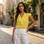 Worthington Yellow Ruffle V-Neck Blouse Cami Set Sheer Sleeveless Womens Sz M VG