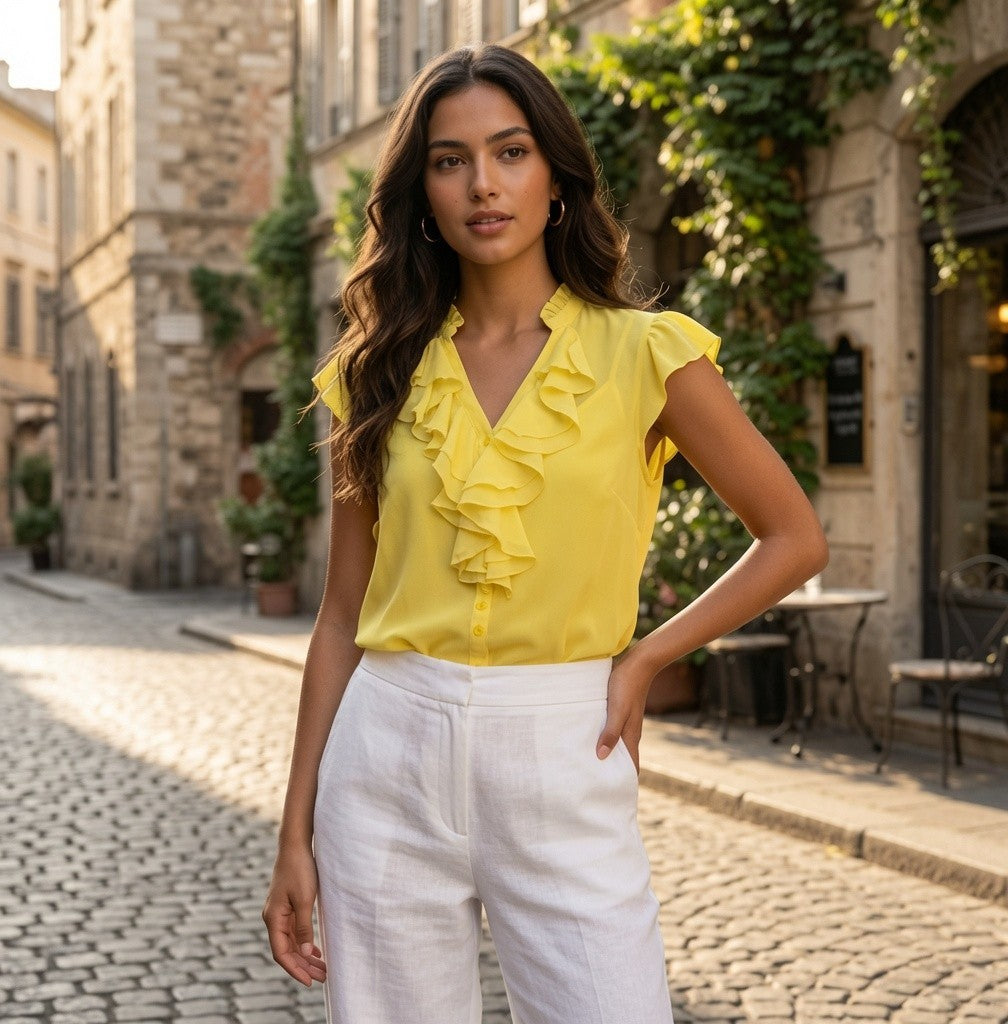 Worthington Yellow Ruffle V-Neck Blouse Cami Set Sheer Sleeveless Womens Sz M VG