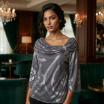 MSK Grey Metallic Print Off Shoulder Draped Cowl Neck Top Rhinestone Sz L VG