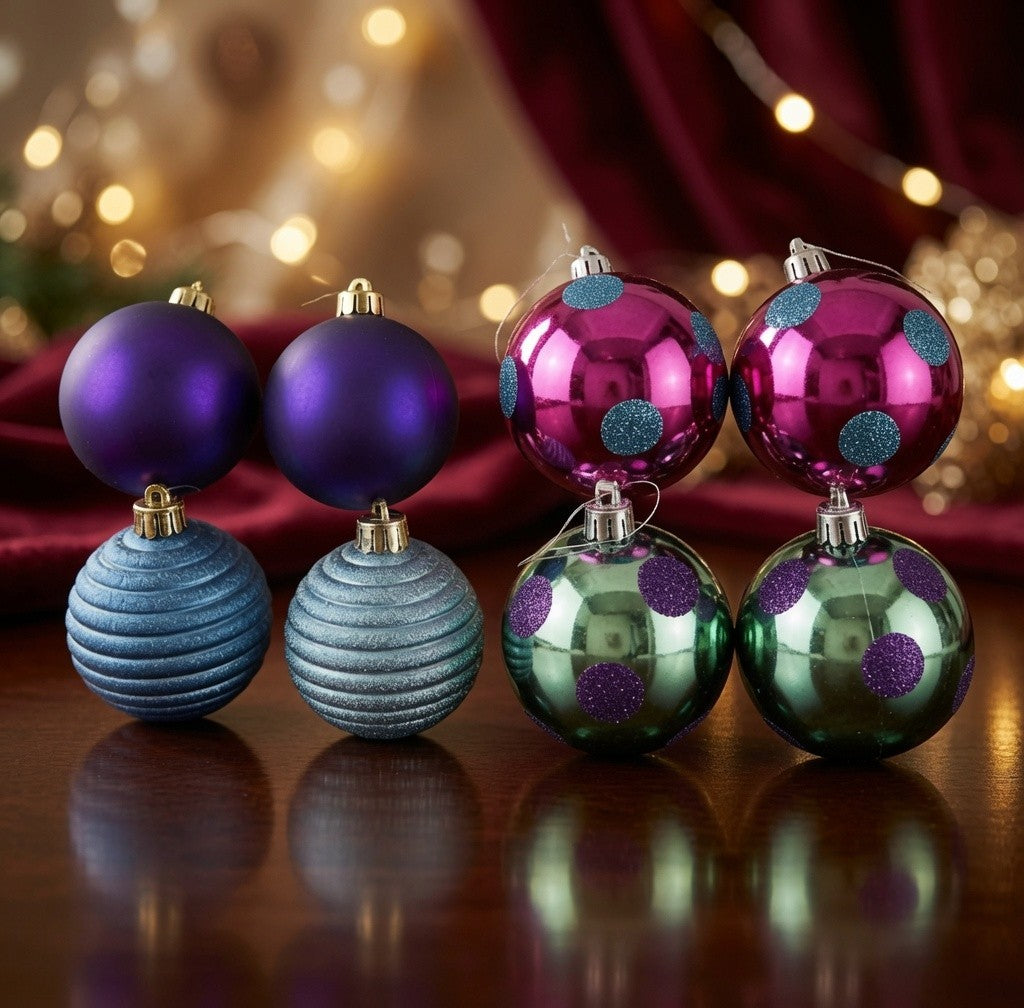 Shatterproof Ball Christmas Ornaments Set of 8 Pink Teal Purple Glitter G