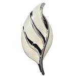 Rare Vintage White Silver Enamel Leaf Brooch Pin 2.5"x1.25" Painted Metal VG