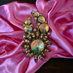 Vintage Rainbow Crystal Rhinestone Floral Brooch Gold Tone Pin 2.5" Jewelry VG