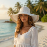 White Wide Brim Paper Straw Sun Hat Women's Beach Floppy Hat One Size VG