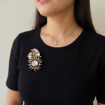 Vintage Rainbow Crystal Rhinestone Floral Brooch Gold Tone Pin 2.5" Jewelry VG