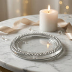 Crystal Rhinestone Beaded Glass Pillar Candle Plate Holder Round 4.25" Silver VG