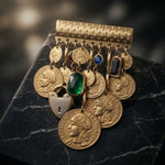 Vintage Gold Tone French Republic Coin Charm Brooch Multi Crystal Statement 3.5"