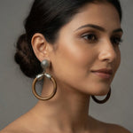 Boho Dangle Earrings 3" Brown Hoop Silver Spiral Stud Ethnic Statement Jewelry