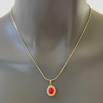 Vintage 14K Gold Plated Red White Crystal Necklace Earrings Set Oval Pendant NIB