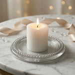 Crystal Rhinestone Beaded Glass Pillar Candle Plate Holder Round 4.25" Silver VG
