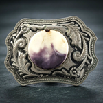 Vintage Western Belt Buckle Silver Tone Scroll Engraved Purple White Stone 3.75"