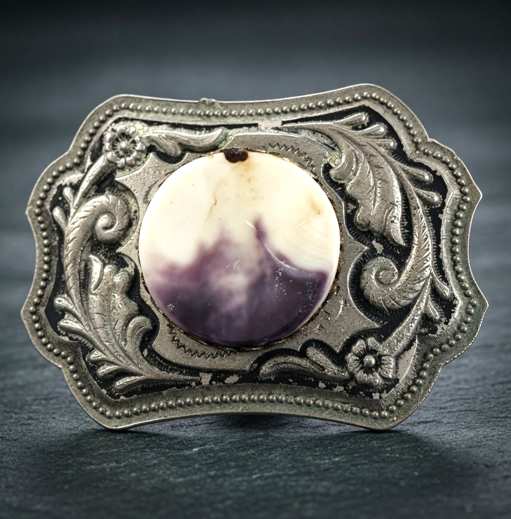 Vintage Western Belt Buckle Silver Tone Scroll Engraved Purple White Stone 3.75"