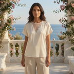 Escada Margaretha Ley 100% Silk Ivory Blouse Rose Lace Appliqué Top Sz 42 L NWT