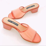 NIB KARL LAGERFELD Paris Coral Transparent Slip-On Block Heel Sandals Size 6