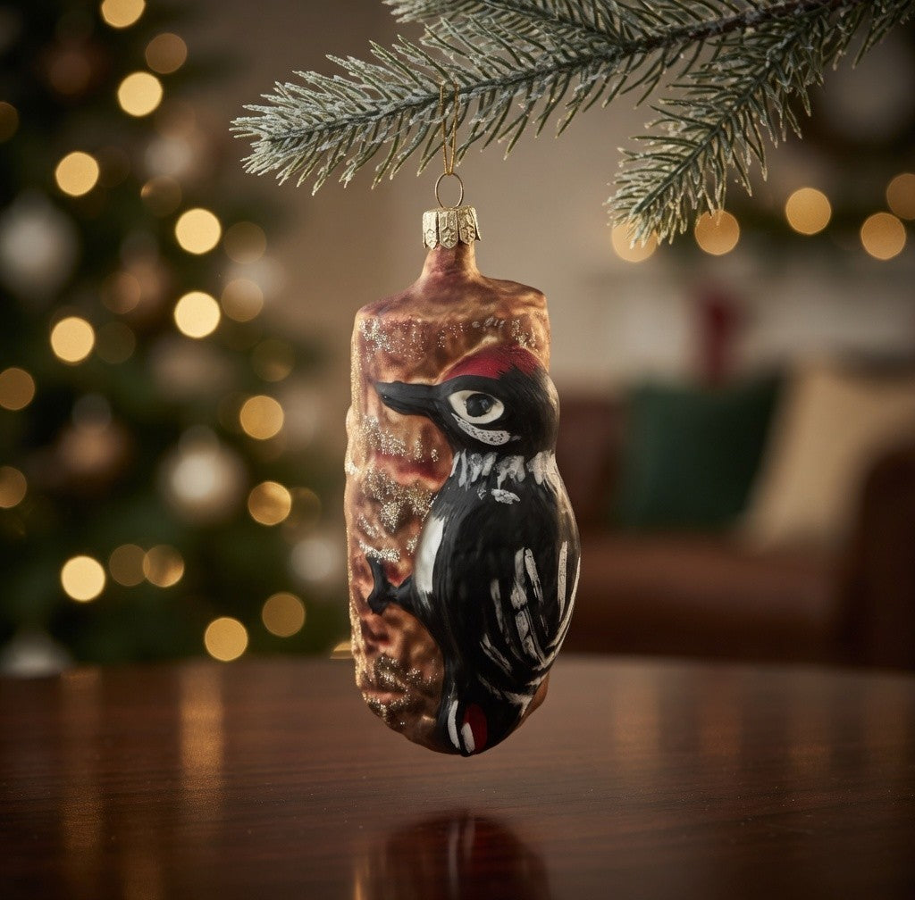 Vintage Glass Woodpecker on Tree Bark Christmas Ornament 2.75x5" VG